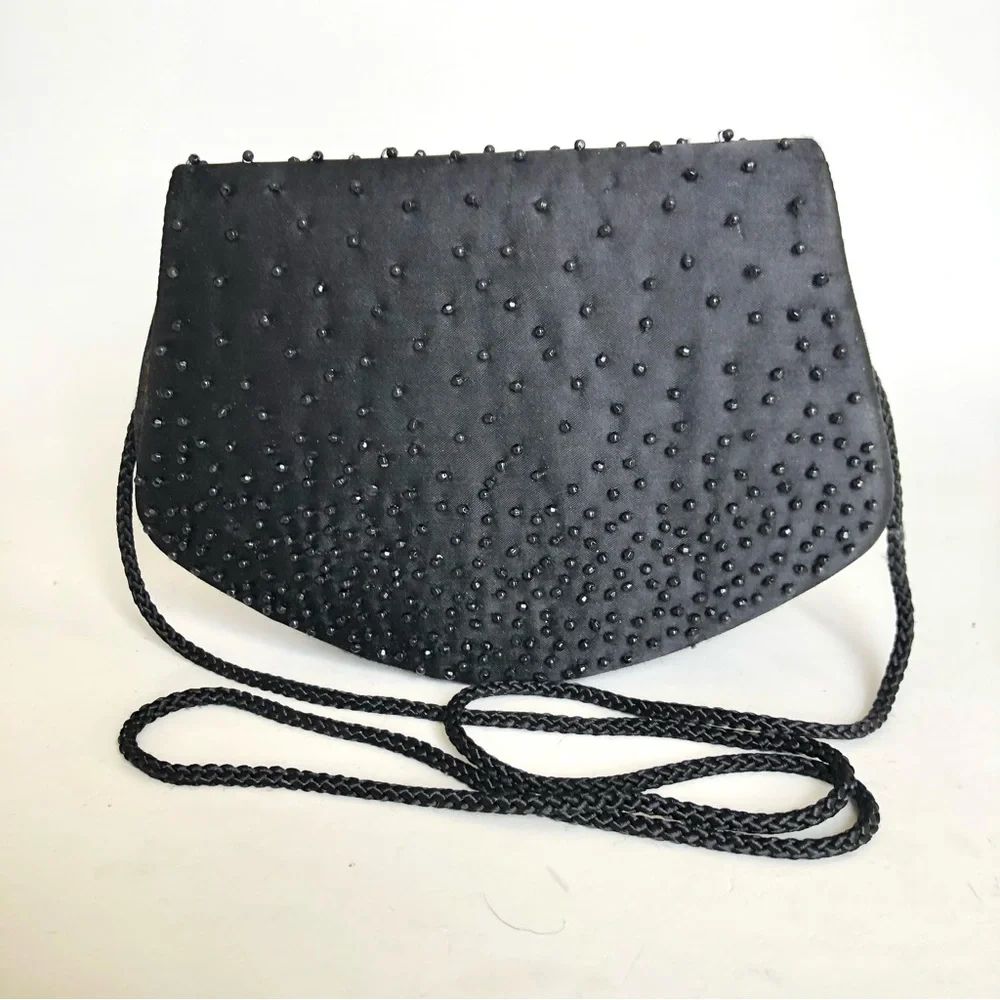 La Regale Vintage Clutch Black Beaded Satin Purse